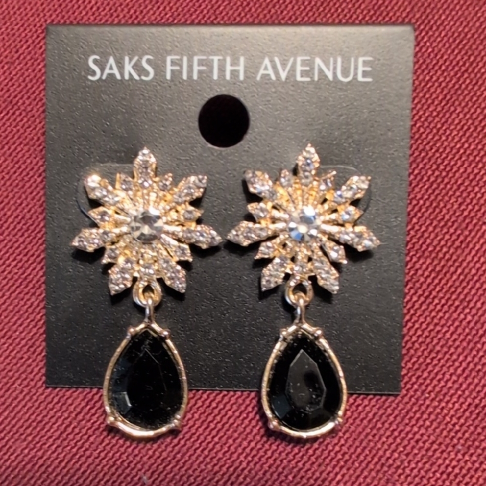Saks Fifth Avenue Black Teardrop Snowflake Crystal Drop Earrings - Picture 2 of 3
